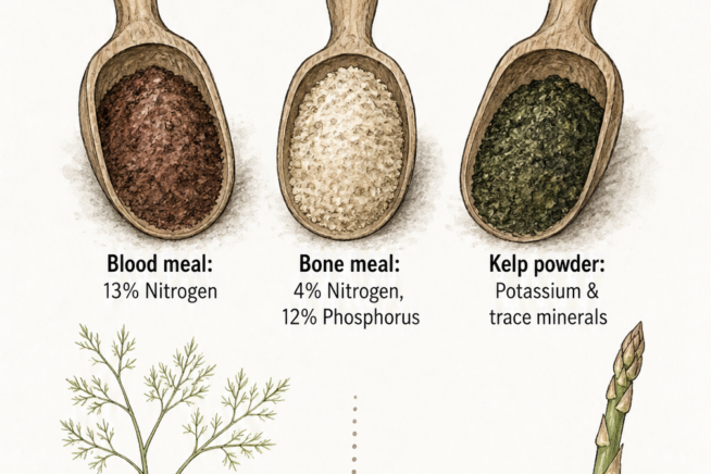 Illustration of three wooden scoops showing an organic asparagus fertilizer mix of blood meal, bone meal, and kelp powder with application timeline.