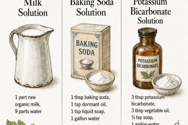 Three organic recipes for squash powdery mildew remedies including milk fungicide, baking soda spray, and potassium bicarbonate solution.