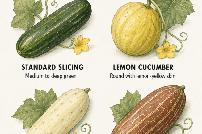 Illustrated guide showing the ideal harvest sizes for slicing cucumbers, dill pickles, gherkins, and burpless varieties