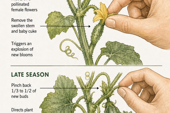 Illustration demonstrating how to pinch off early season female cucumber flowers and late season buds to increase overall yield.
