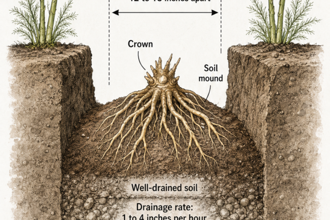 Cross-section of an asparagus planting trench showing a crown on a soil mound, spacing, and drainage requirements.