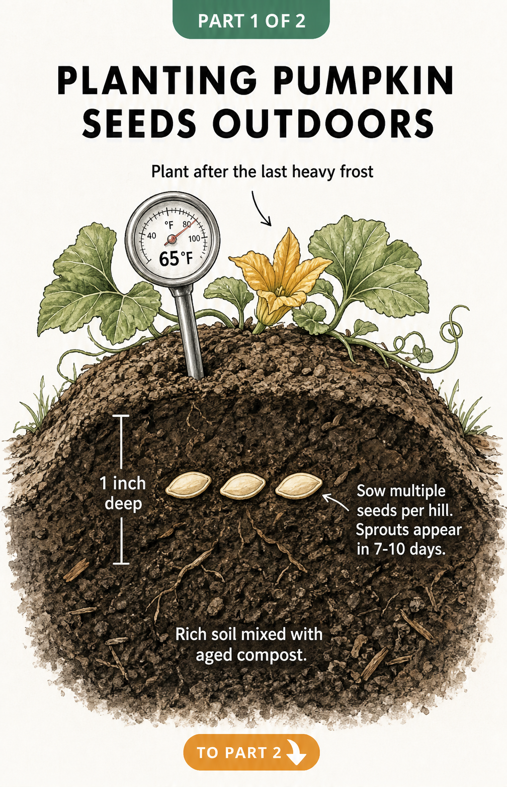 Botanical illustration showing pumpkin seeds planted one inch deep in a mound of rich soil mixed with compost, with a soil thermometer reading 65 degrees...