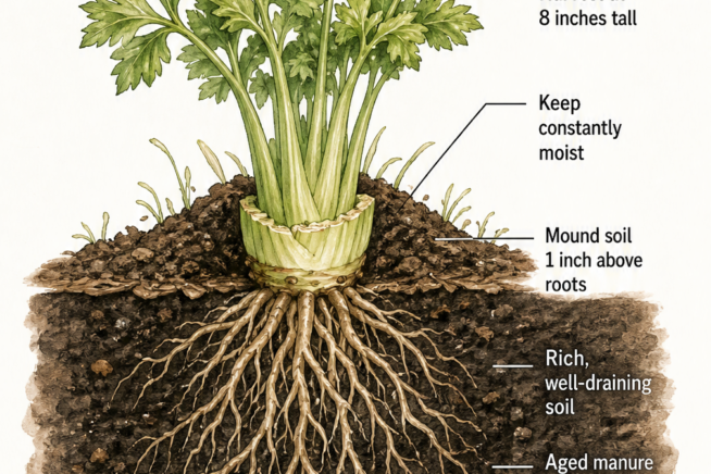 Cross-section illustration of a rooted celery base planted in rich, well-draining soil