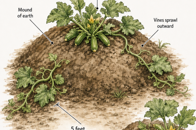 Isometric drawing of three sprawling zucchini plants growing on a mound of earth with vines spreading outward.