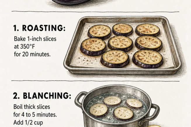 Illustration showing three methods for preparing eggplant for freezing: roasting, blanching, and frying.