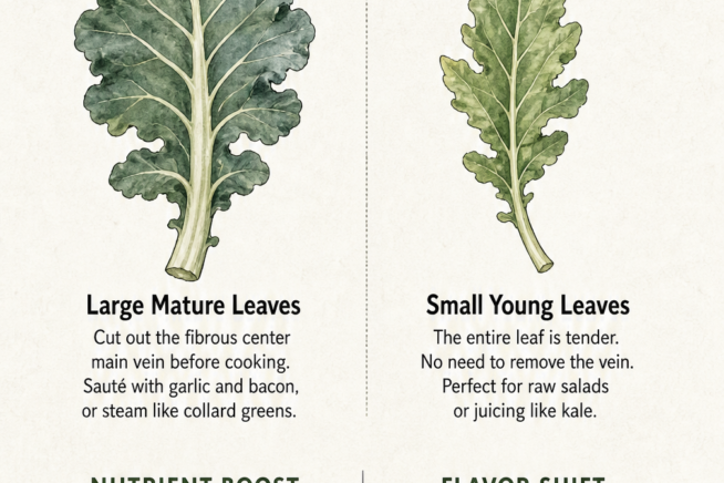 Illustration comparing large mature broccoli leaves and small young leaves, with tips on preparation and flavor development.