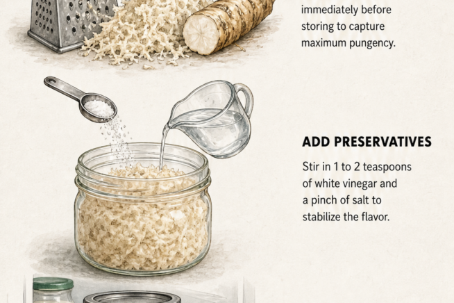 Illustration showing how to preserve prepared horseradish by grating it fresh, adding white vinegar and salt, and chilling it in a sealed jar.