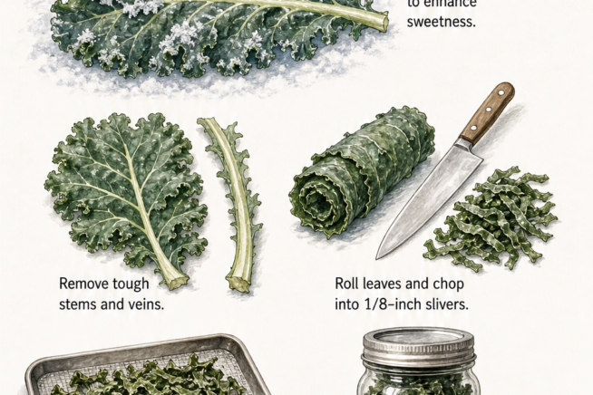 Step-by-step botanical illustration showing how to prepare and dry winter kale for long-term storage in a mason jar.
