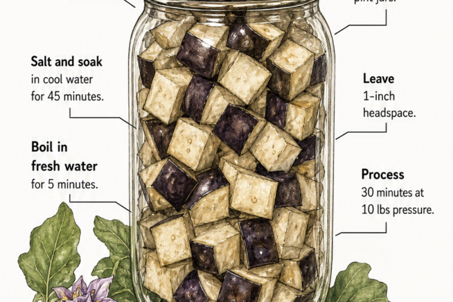 Illustration of a mason jar filled with cubed eggplant showing the steps for pressure canning and a USDA warning against it