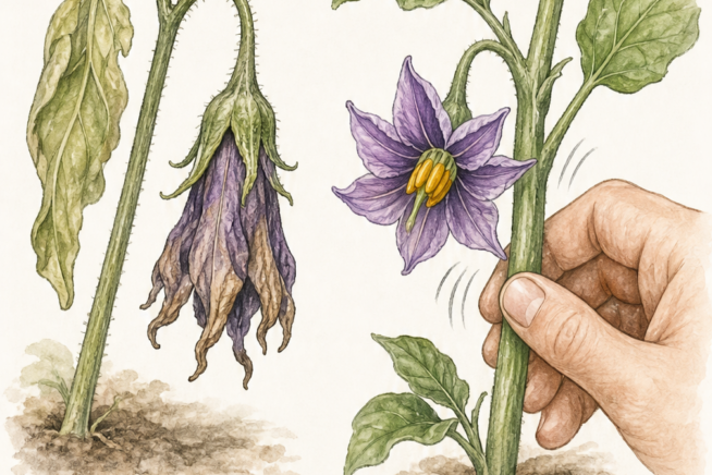 Illustrations showing two main causes of eggplant flower drop: underwatering and poor pollination.