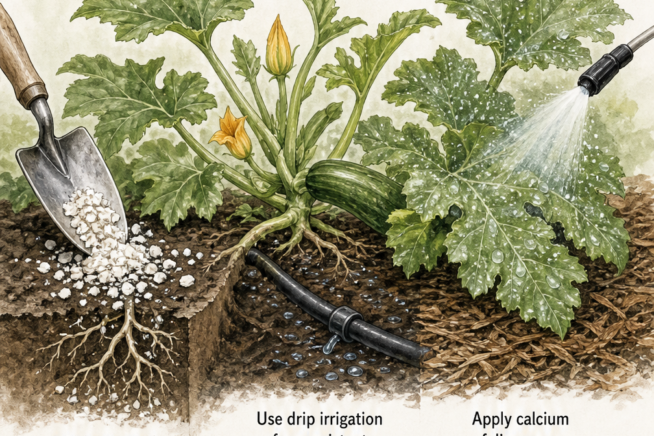 Illustration demonstrating how to stop blossom-end rot by adding bone meal to soil, using drip irrigation, and applying a calcium foliar spray.