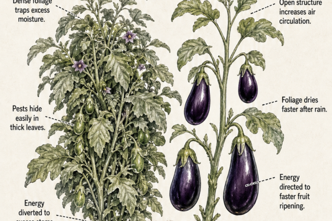 Side-by-side comparison of an overgrown, unpruned eggplant and a neatly pruned eggplant with larger fruit.