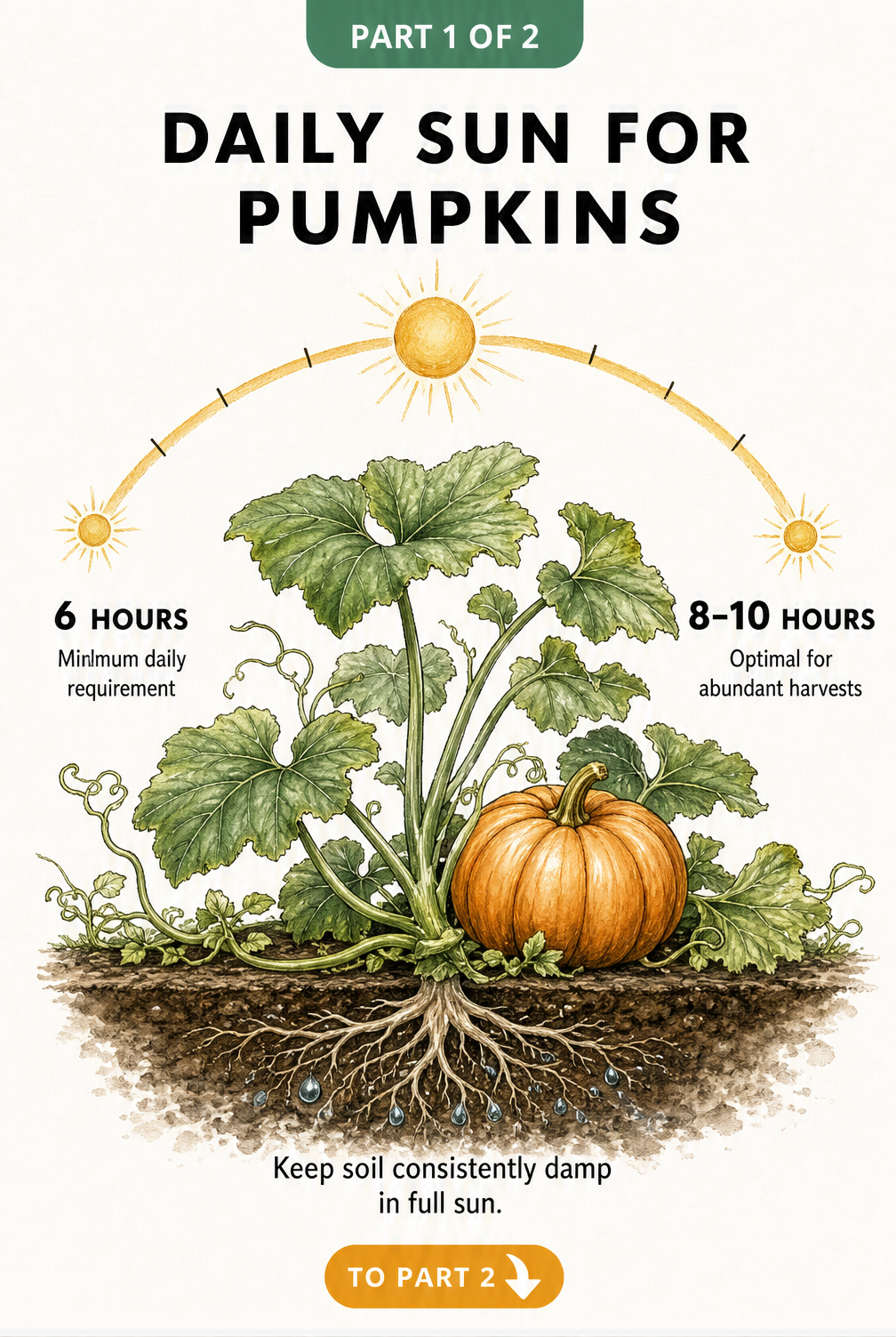 Illustration of a healthy pumpkin plant showing the daily sun requirement of 6 to 10 hours