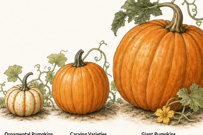 Botanical illustration showing days to maturity for ornamental, carving, and giant pumpkins