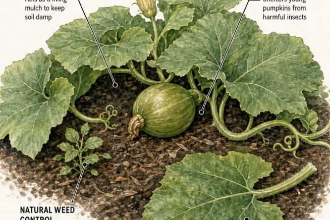 Garden illustration showing large pumpkin leaves shading the soil, blocking weeds, and protecting a young pumpkin
