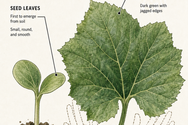 Botanical illustration comparing small round pumpkin seed leaves to large jagged true pumpkin leaves
