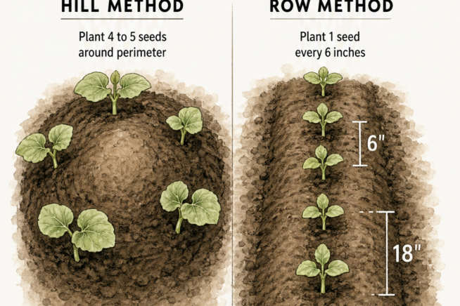 Overhead view of a garden bed showing the hill method with seeds planted in a circle, and the row method with seeds spaced 6 inches apart.