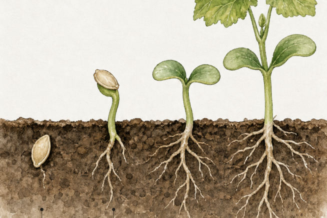 Botanical cross-section illustration showing the four growth stages of a pumpkin sprout from sown seed to transplant ready.