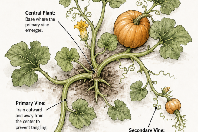 Botanical illustration showing the anatomy of a pumpkin vine, highlighting the central plant, primary vine, secondary vine, and tertiary vine.