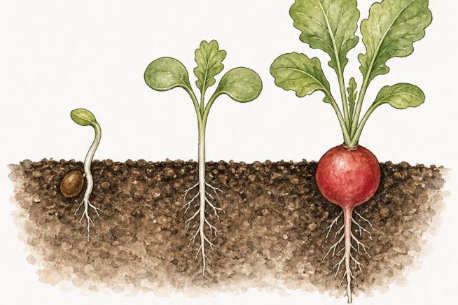 Illustration showing the three growth stages of a radish from germination to mature root
