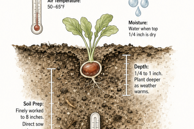 Botanical cross-section illustration showing radish seed germination environment with air temperature, moisture, planting depth, and soil preparation details.