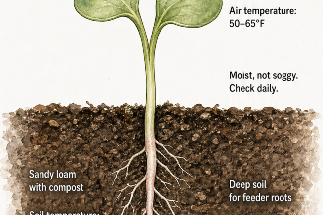 Botanical cross-section illustration of a radish seedling showing cotyledons, roots, and ideal soil conditions