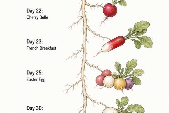Vertical botanical timeline showing radish growth from seed to harvest, featuring varieties like Cherry Belle, French Breakfast, and Round Black Spanish.