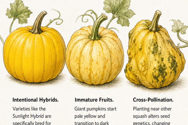 Botanical illustrations showing three reasons for yellow pumpkins: intentional hybrids, immature fruits, and cross-pollination.