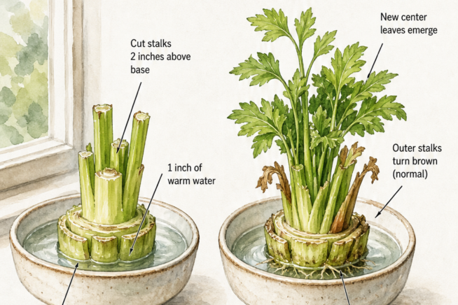 Watercolor illustration showing how to regrow a celery base in a shallow bowl of water on a windowsill