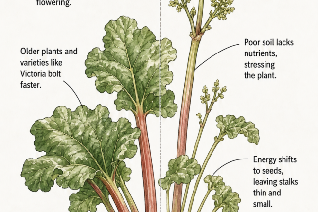 Botanical illustration showing a healthy rhubarb plant next to a bolting rhubarb plant with a tall flower stalk.