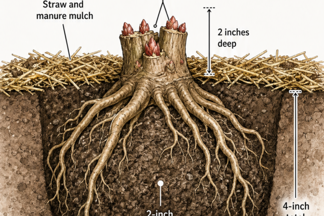 Botanical illustration showing a rhubarb crown planted 2 inches deep on a compost mound with roots draped over the sides.