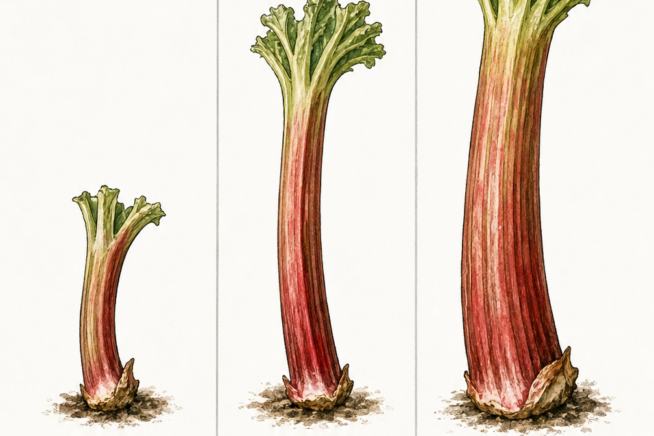 Illustration of three rhubarb stalks at different lengths, explaining the effects of harvesting too early, at peak ripeness, and too late.