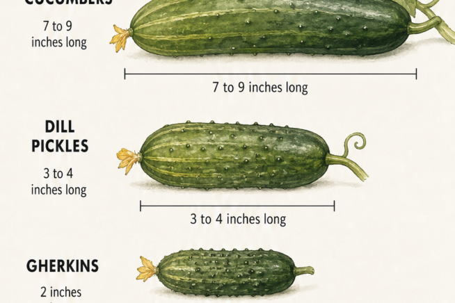 Botanical illustration showing ripe cucumber color variations including standard slicing, lemon, white wonder, and sikkim cucumbers