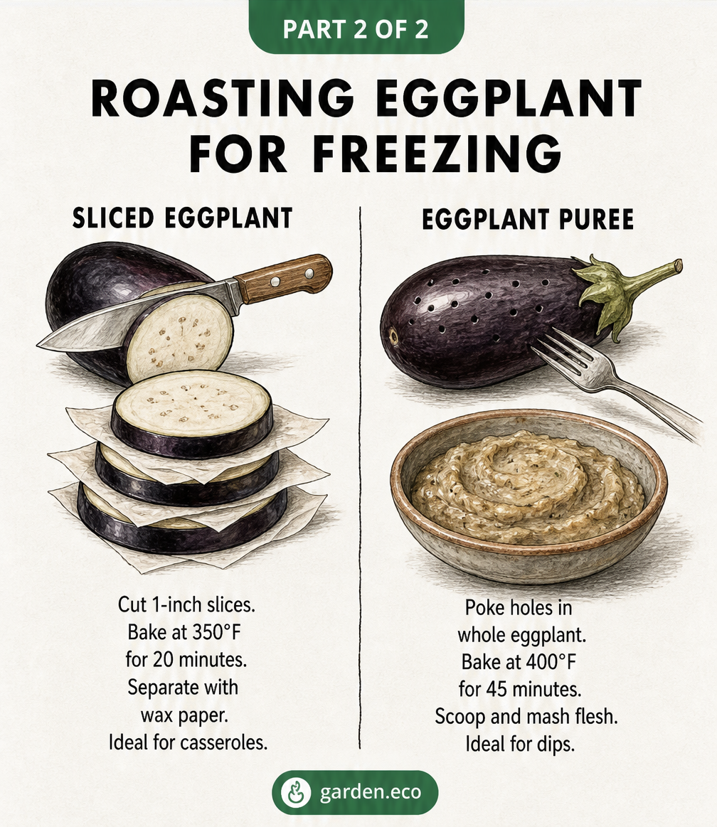 Comparison of roasting sliced eggplant versus whole eggplant for puree before freezing.