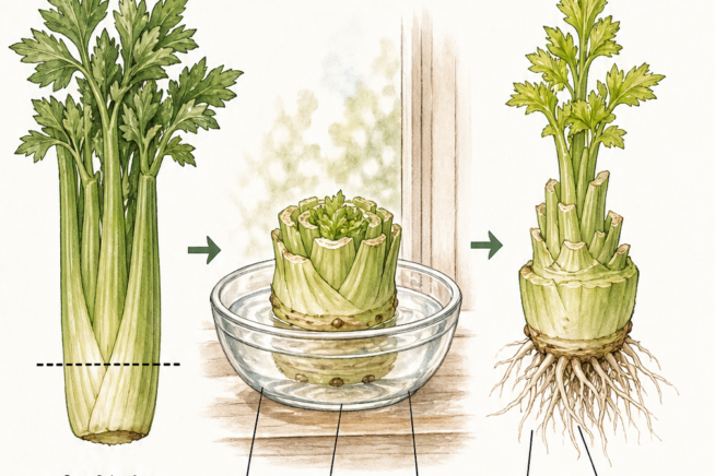 Illustration showing how to cut a celery base and place it in water to grow new roots