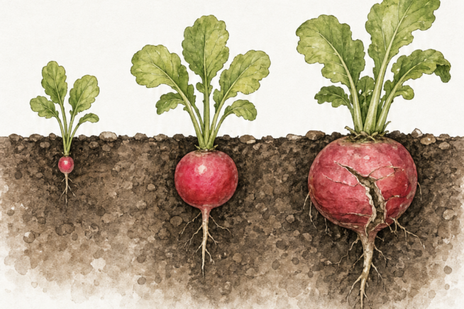 Cross-section illustration showing spring radish development from too early to perfect harvest to overripe