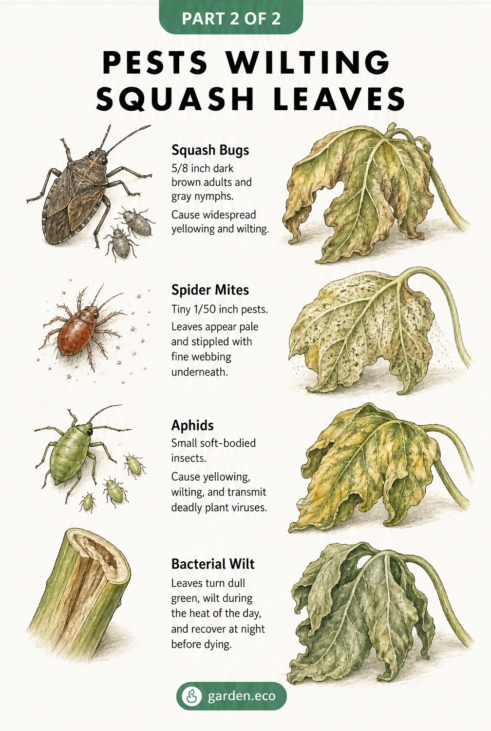 Illustration of four pests that cause wilting squash leaves: squash bugs, spider mites, aphids, and bacterial wilt.