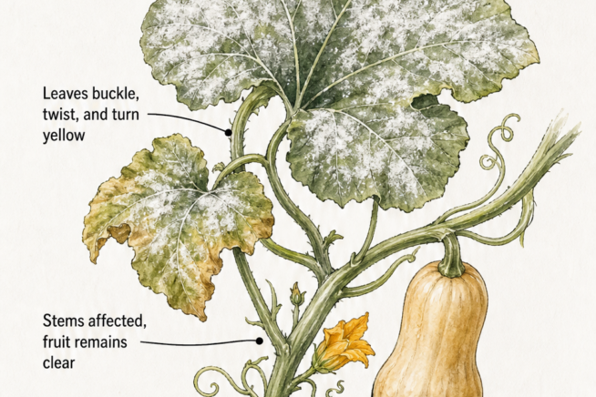 Botanical illustration showing squash powdery mildew symptoms like flour-like dust on leaves, yellowing, and twisting, along with environmental conditions that...