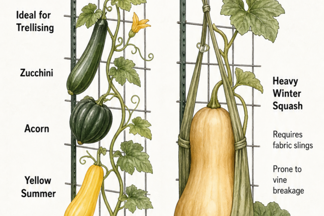 Illustration comparing light squash varieties like zucchini and acorn on a trellis versus heavy winter squash supported by a fabric sling.