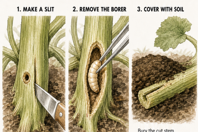 Step-by-step illustration showing how to perform surgery on a squash stem to remove a vine borer larva.