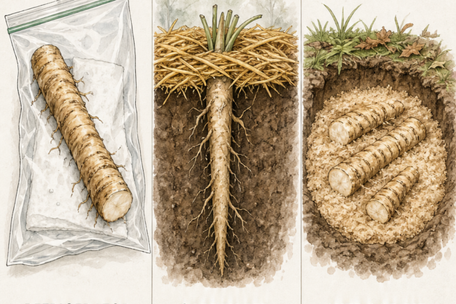Illustration showing three ways to store fresh horseradish roots: in the refrigerator with a damp paper towel, left in a mulched garden bed, or buried in an...