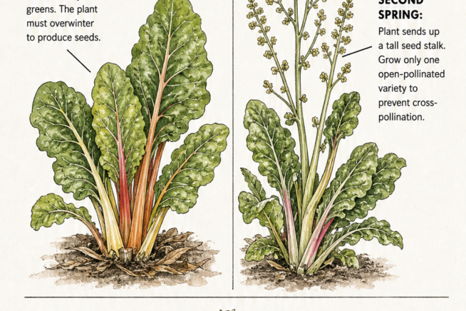 Illustration of the biennial life cycle of Swiss chard, showing a leafy first-year plant, a tall second-year seed stalk, and brown seeds.