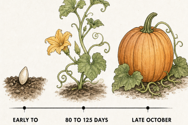 Botanical sketch timeline showing the life cycle of a pumpkin from seed to harvest in Texas