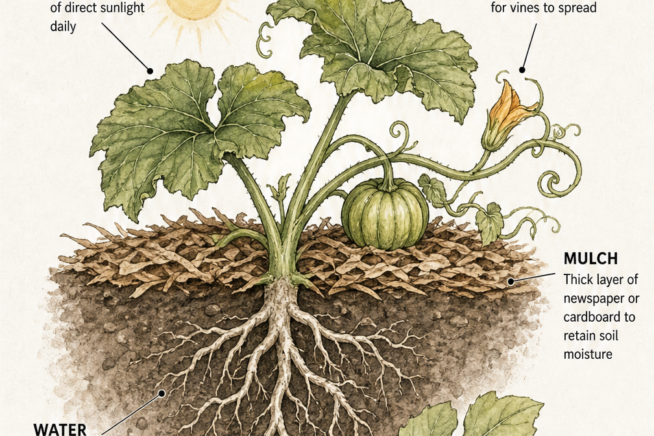 Cross-section illustration of a pumpkin plant showing roots, mulch, vines, and care requirements