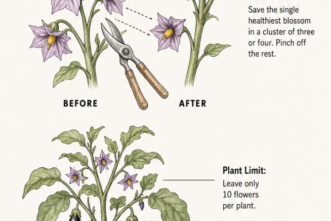 Sketch showing how to thin eggplant blossoms by saving the healthiest flower in a cluster and pinching off the rest.
