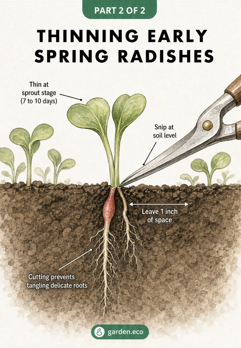 Close-up illustration of snipping a weak radish seedling at soil level to thin the plants.