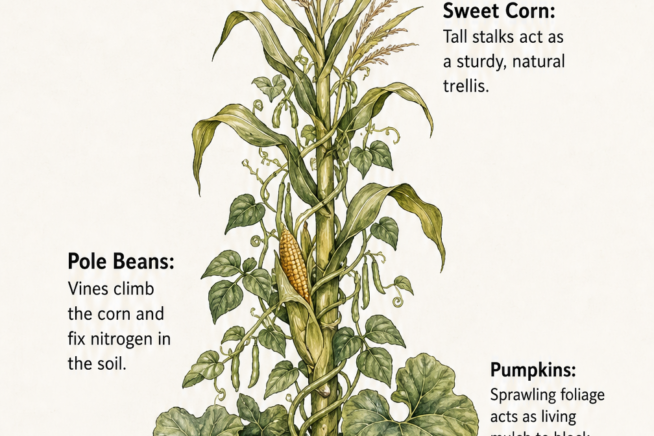 Botanical illustration of a Three Sisters garden layout showing corn, pole beans, and pumpkins growing together