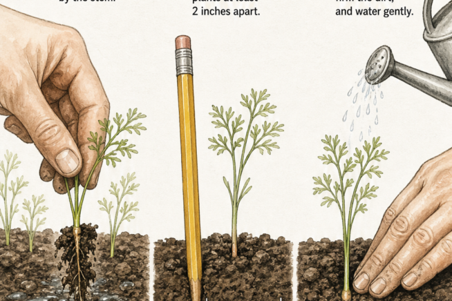 Illustration showing three steps to transplant carrot seedlings: pulling gently, making a hole with a pencil, and planting.