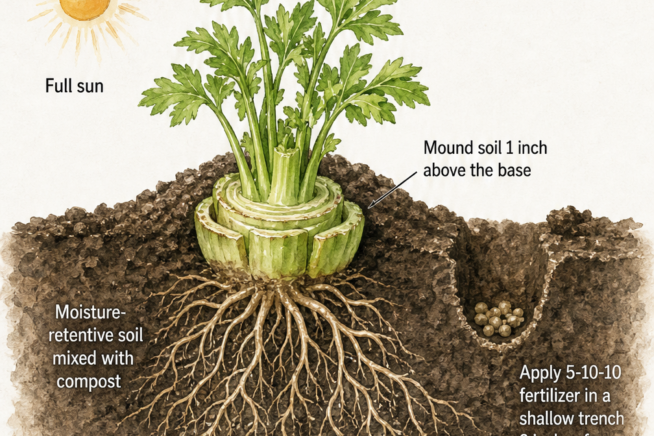Detailed cross-section illustration of a sprouted celery base planted in garden soil with roots spread out