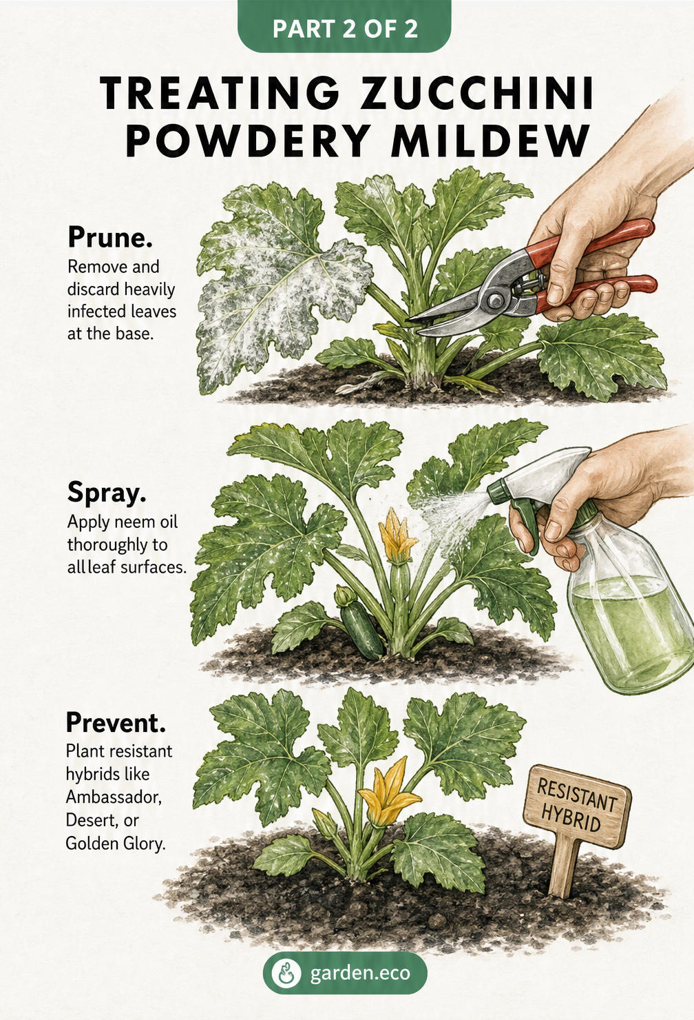 Illustration showing three steps to treat powdery mildew on zucchini: pruning infected leaves, spraying neem oil, and planting resistant hybrids.